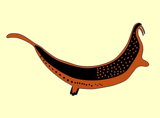 This black and reddish brown drawing shows an elegant, spotted creature with what may be two long tufts curling from its head.